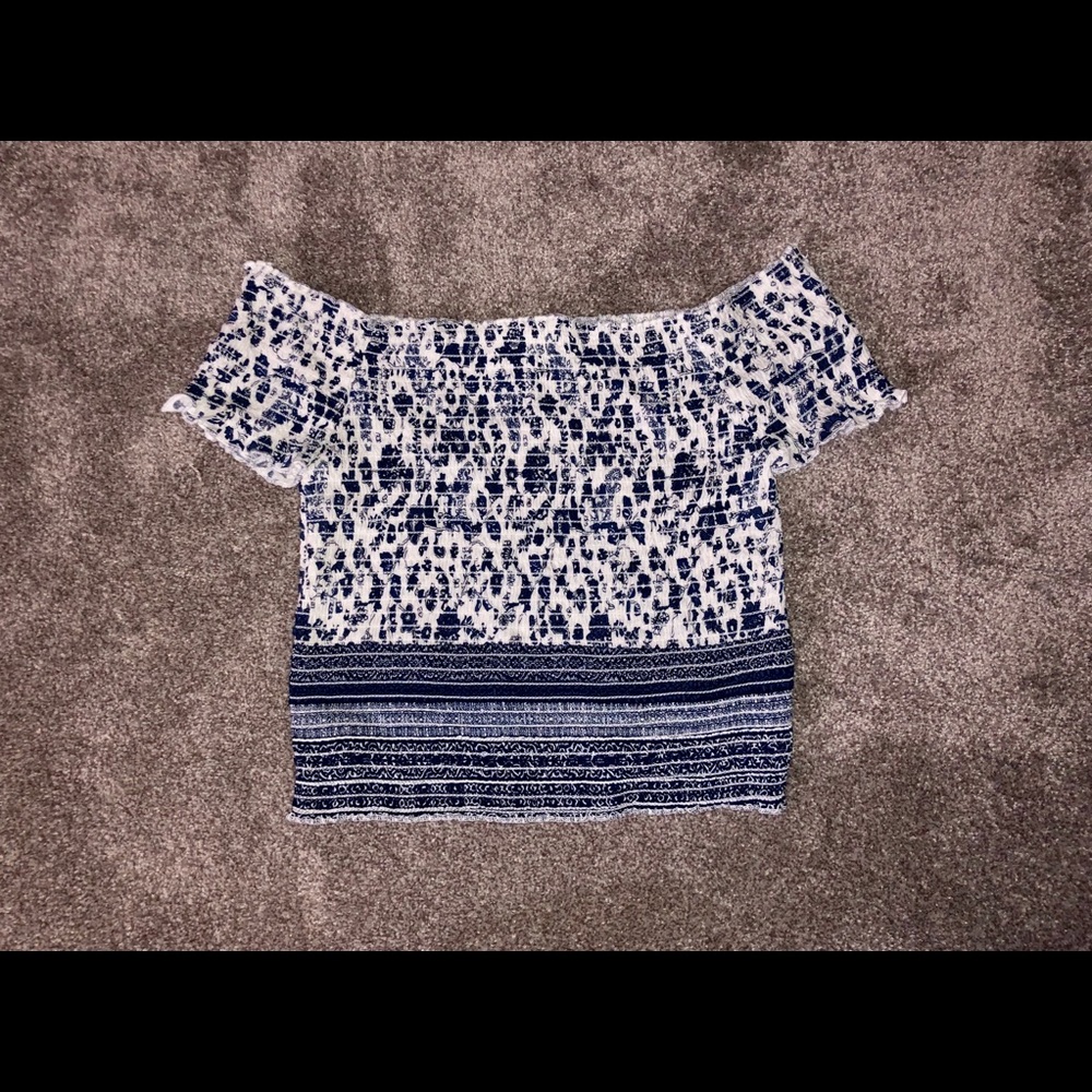 White and Blue Off the Shoulder Crop top